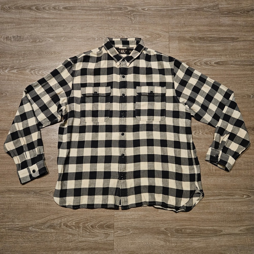 RRL Ralph Lauren Buffalo Check Twill Workshirt Mens XXL Black Cream NWOT